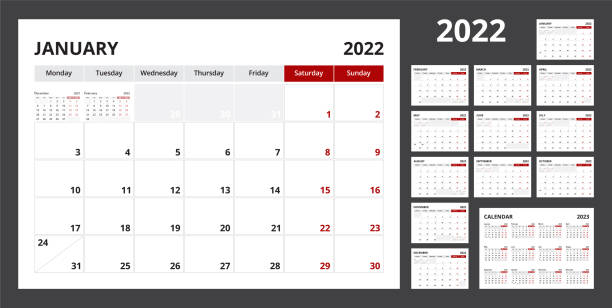 illustrazioni stock, clip art, cartoni animati e icone di tendenza di il calendario pianificatore 2022 impostato per la settimana di progettazione aziendale modello inizia lunedì. - monthly