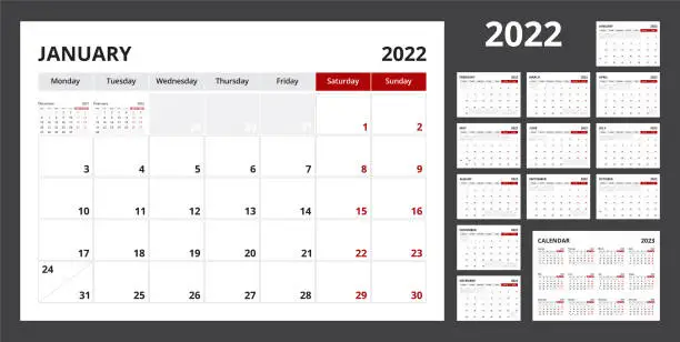 Vector illustration of 2022 calendar planner set for template corporate design week start on Monday.