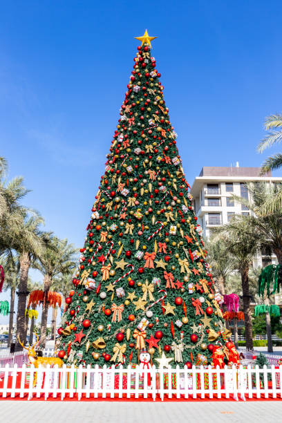 large christmas tree in dubai, town square park, 2020, amont green palm trees. - 6206 imagens e fotografias de stock