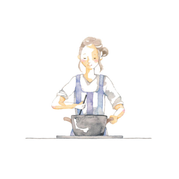 cooking Young woman with apron cooking electric stove burner stock illustrations