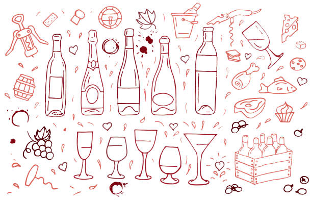 ilustrações, clipart, desenhos animados e ícones de esboço de vinho. uva, garrafas de vinho e taça de vinho, barril. conjunto de vetores de bebidas alcoólicas vintage desenhados à mão. ilustração de bebida de garrafa, wineglass e vinho alcoólica - champagne flute wine isolated wineglass