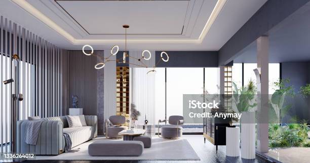 The Living Room In Garden Inside Stock Photo - Download Image Now - 3-D Glasses, Apartment, Architecture
