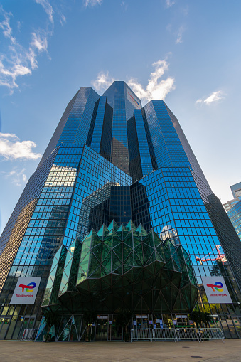 Paris-La Défense, France, November 12, 2020: Exterior view of the tower housing the headquarters of the oil company TotalEnergies, formerly known as Total