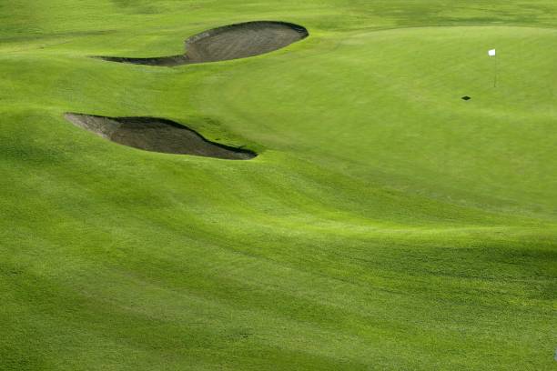 istock Golf course green grass hill field with holes 1336272708