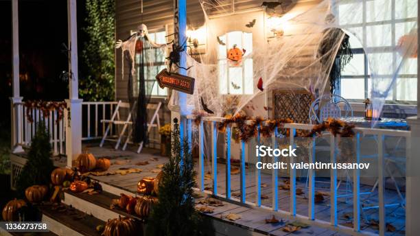 Halloween Jackolantern Pumpkins On A Porch Stairs Stock Photo - Download Image Now