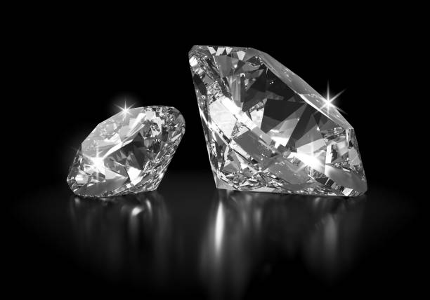 Two Diamonds in Brilliant Cut on Black Background Diamond Background - Beautiful Shiny Diamond in Brilliant Cut on Balck Background, Crystal Facet Background. Luxury Diamond Wallpaper Composition. High Quality 3D illustration diamond shaped photos stock pictures, royalty-free photos & images