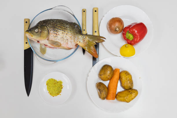 Fresh fish from the fishermans catch. Raw ingredients for home cooking. Selective focus