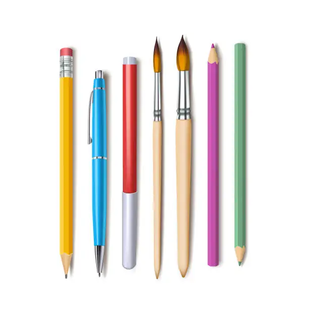 Vector illustration of a set of vector elements for design on a school or office theme. Isolated illustration in a realistic style of pen, pencil, colored pencil, felt-tip pen and art brush.Top view, flat lay