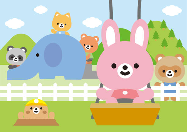 милые животные, играющие в парке (кролик, медведь, кошка, мышь, енот, собака, лев, панда) - raccoon dog stock illustrations