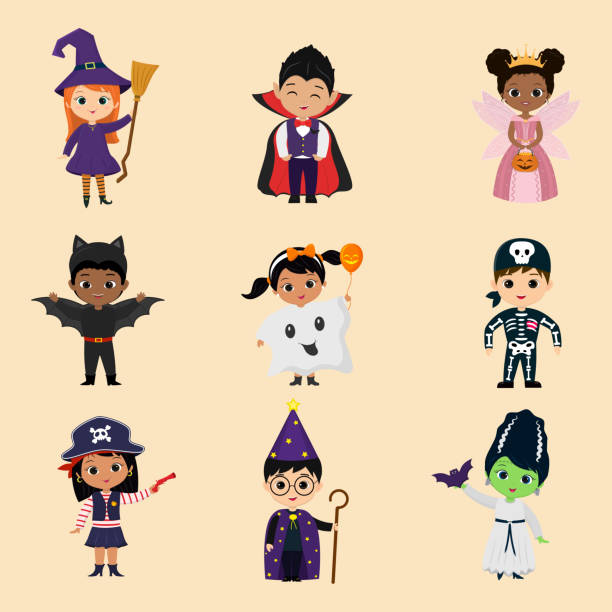 ilustrações, clipart, desenhos animados e ícones de conjunto de doze personagens crianças da festa de halloween. crianças em trajes coloridos de halloween estilo desenho animado. vetor - animal skeleton illustrations