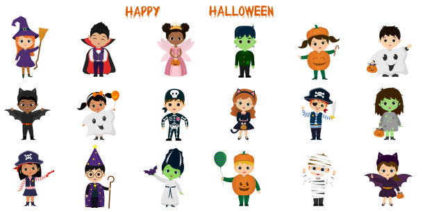 ilustrações, clipart, desenhos animados e ícones de mega conjunto de personagens de festa de halloween. dezoito crianças em diferentes fantasias de halloween em um fundo branco. desenho animado, plano, vetor - animal skeleton illustrations