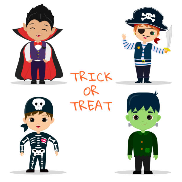 ilustraciones, imágenes clip art, dibujos animados e iconos de stock de conjunto de cuatro niños personajes de la fiesta de halloween. los niños en coloridos disfraces de halloween vampiro, pirata, esqueleto, monstruo frankenstein en estilo de dibujos animados. vector plano. - animal skeleton illustrations