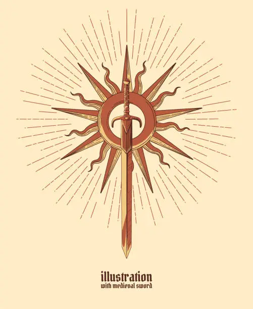 Vector illustration of sword with bold border with sun