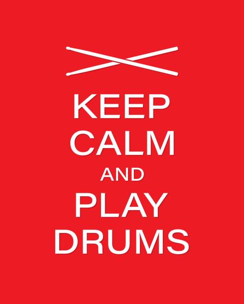 spielen sie die vektorbannervorlage "drums" ab. bleiben sie ruhig und spielen sie schlagzeugtext mit drumsticks auf rotem hintergrund vektorillustration eps 10 - cymbal drumstick music percussion instrument stock-grafiken, -clipart, -cartoons und -symbole