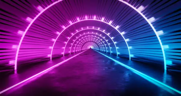 Photo of Pink and blue neon tunnel background.