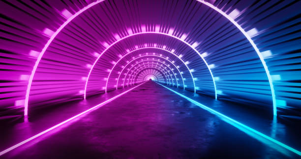 розовый и синий неоновый туннельный фон. - blurred motion circle reflection illuminated стоковые фото и изображения
