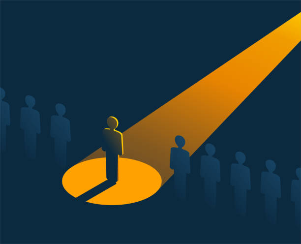 People row with one in spotlight People row with spotlight highlighted one - Recruitment or leadership concept. Creative visualization of people challenge competition spotlight stock illustrations