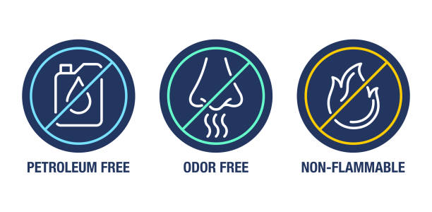 Petroleum free, Odor free, Non-flammable icons set Cleaning agents labels - Odor free, Petroleum free, Non-flammable flat icons set for labeling of household chemicals home fragrance stock illustrations