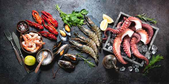 Variety of fresh delicious seafood. Octopus tentacles, black tiger shrimps, king prawn and mussels with fresh herbs and seasoning on black rustic background