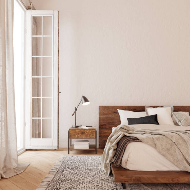istock Modern interior design of bedroom with white mock up wall background 1336282787