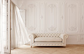 Classic white interior design white sofa and curtains