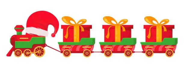 Vector illustration of Christmas train with santa claus hat. Red wagons with gifts. Isolated on white background. Happy New Year vector illustration.