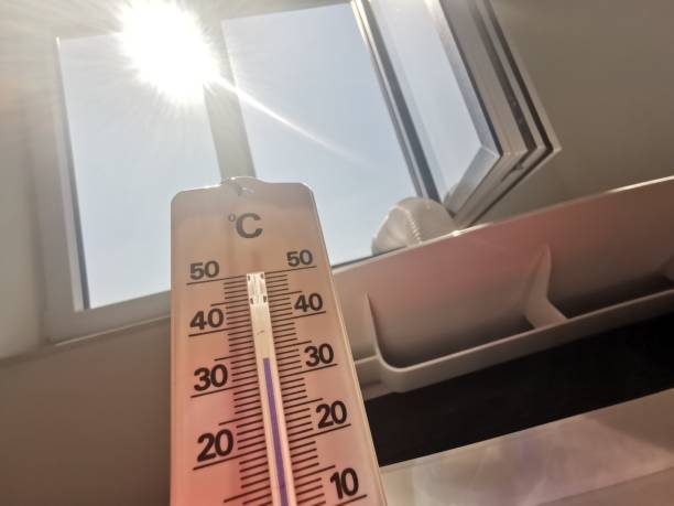 Analog celsius thermometer shows almost 35 degrees next to a mobile air conditioner on an open window with sun Mobile shot number 33 stock pictures, royalty-free photos & images