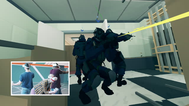 Gamers are playing a virtual reality game as a team