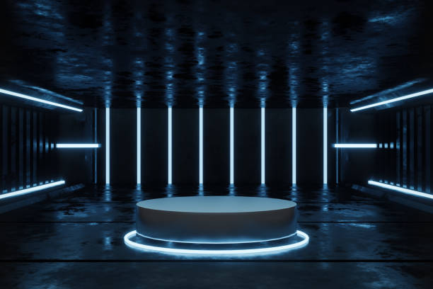 istock 3d rendering empty cylinder podium in dark room. 1336289187