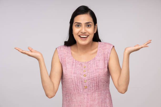 portrait of young woman - stock photo - human hand hand sign measuring scale imagens e fotografias de stock