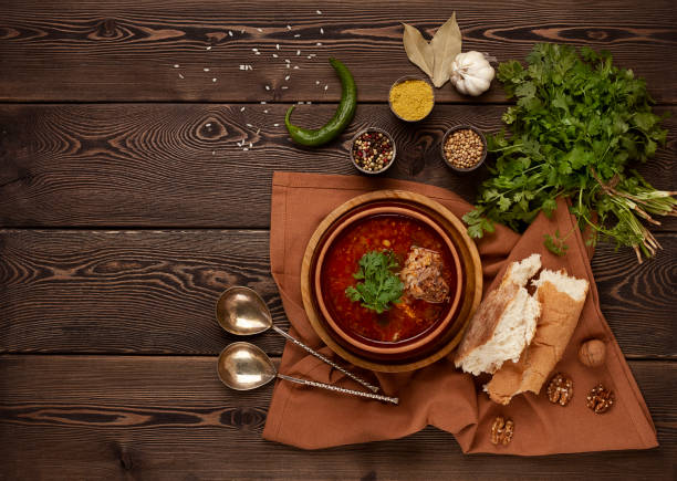 istock Kharcho soup, traditional Georgian dish, top view, no people, selective focus, rustic style, 1336294422