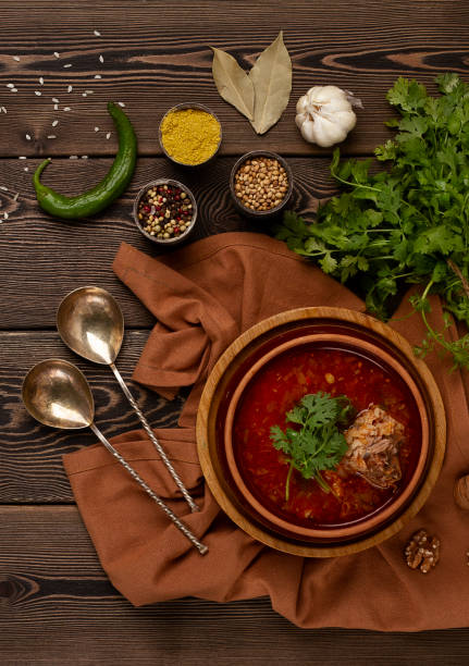 istock Kharcho soup, traditional Georgian dish, top view, no people, selective focus, rustic style, 1336294428
