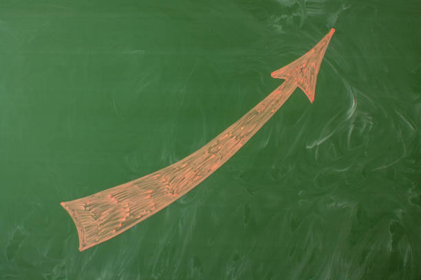 Large pink upward pointing arrow drawn in chalk on a green chalkboard and copy space.  Concept - business or academic success
