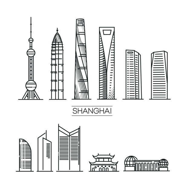 shanghai, china linie reise skyline set - shanghai stock-grafiken, -clipart, -cartoons und -symbole