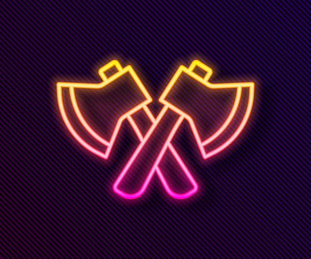 istock Glowing neon line Wooden axe icon isolated on black background. Lumberjack axe. Vector 1336298029