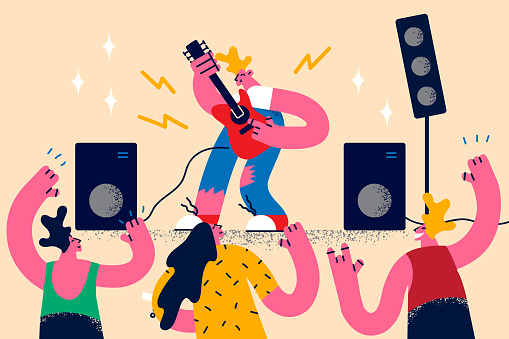 Rock guitar music and concert concept. Young blond man star guitar player or singer playing music on stage during concert with happy people public listening and dancing vector illustration