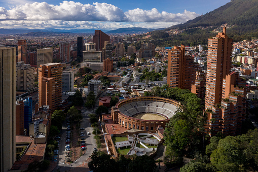 Aerial shot of the city center of Bogota, Colombia showing the Plaza de Toros