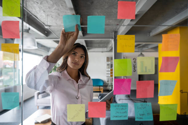 istock Woman making a business plan at the office and posting ideas on the board 1336299154