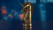 The gold  unicorn chess and business chart for start up concept 3d rendering