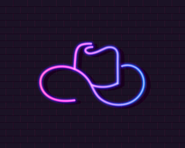Vector Neon Cowboy Hat on Brick Wall Background, Glowing Sign, Gradient Unltraviolet Color. Vector Neon Cowboy Hat on Brick Wall Background, Glowing Sign, Gradient Unltraviolet Color, Logo Design. cowboy hat stock illustrations