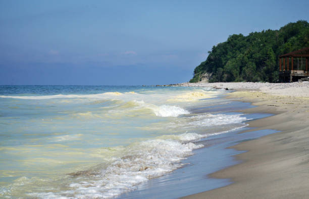 istock Beautiful beach with sea waves splash on the beach, 1336303151