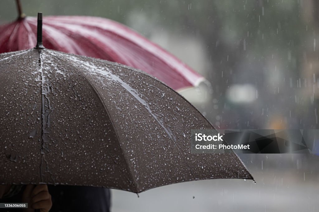 Grey and red umbrellas under a strong rain, blurred background,  narrow angle view, nature and weather concepts, Gorizia, FVG region, Italy Particular view of a wet grey and red umbrellas after the rain Rain Stock Photo