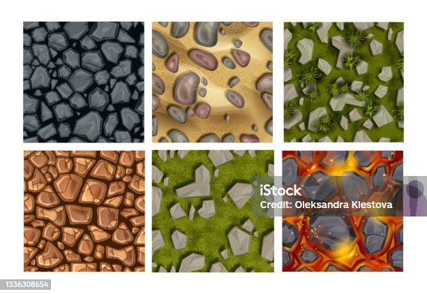 Game Ground Seamless Pattern Set Vector Stone Texture Kit Rock Lava Green  Grass Underwater Pebbles Stock Illustration - Download Image Now - iStock