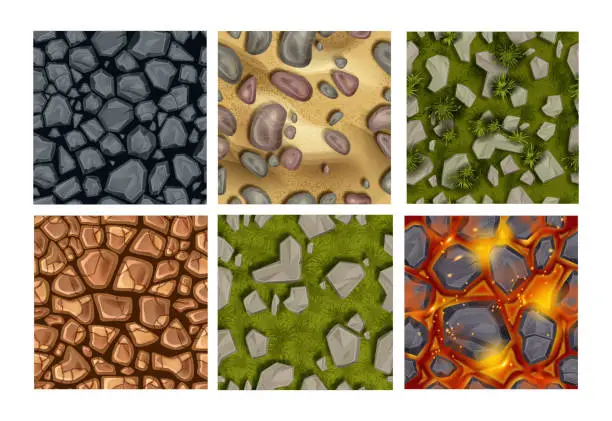 Vector illustration of Game ground seamless pattern set, vector stone texture kit, rock, lava, green grass, underwater pebbles.