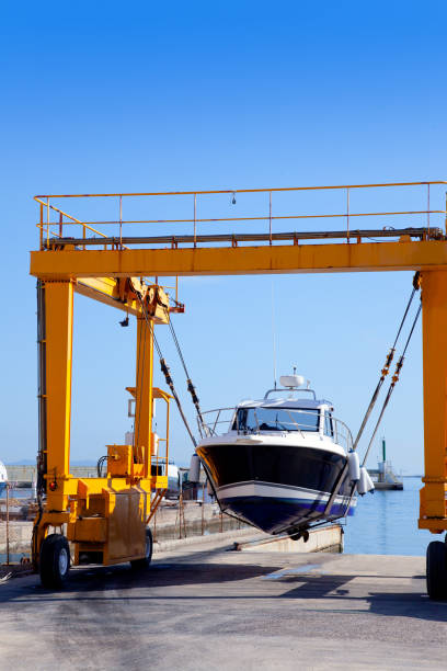 istock crane travelift lifting a boat on blue sky day 1336309546
