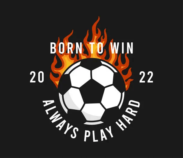 Vector illustration of Football or soccer t-shirt design with burning ball and slogan. Soccer typography graphics for sports t-shirt with football ball in fire. Sportswear print for apparel. Vector