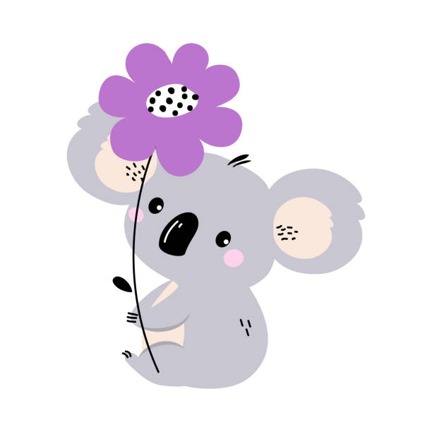 illustrations, cliparts, dessins animés et icônes de mignon gris koala animal tenant fleur violette sur la tige avec pattes illustration vectorielle - koala