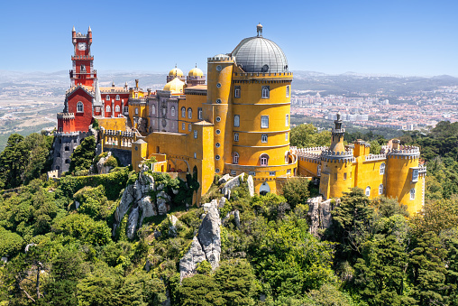 Pena Palace, Portugal - August 11, 2021: An elevated view of the famous Pena Palace in Sintra, Portugal.