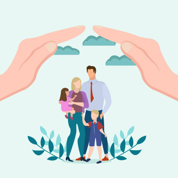 Life insurance, family protection to assure members financially supported and family protection vector illustration. Insurance services, health care, safety, property protection, helping concepts. Vector illustration of a nuclear family of four under life insurance. There are two human hands on this family of four which is consisting of two children, a girl and a boy, and their parents, and these hands symbolize the family insurance. Clouds appear overhead and branched leaves on the ground. Insurance assurance, protection shield, health, property concepts. The background is plain light blue color. life insurance stock illustrations
