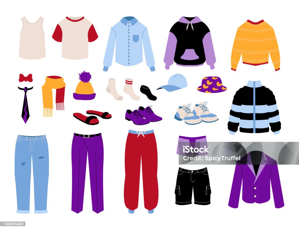 Mens Clothing Cartoon Business And Casual Garments Colorful Pants And Shirts  Pullover Or Jackets Male Shoes Socks And Hats Everyday Clothes Of Man  Vector Seasonal Outfit Set Stock Illustration - Download Image